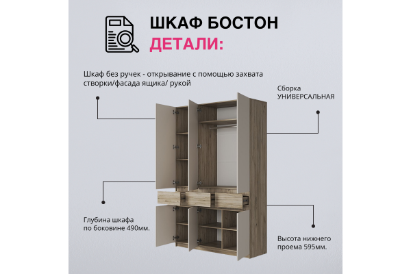 Шкаф трехдверный "БОСТОН" ШК-002 1,5 м (Улучшенная фурнитура)